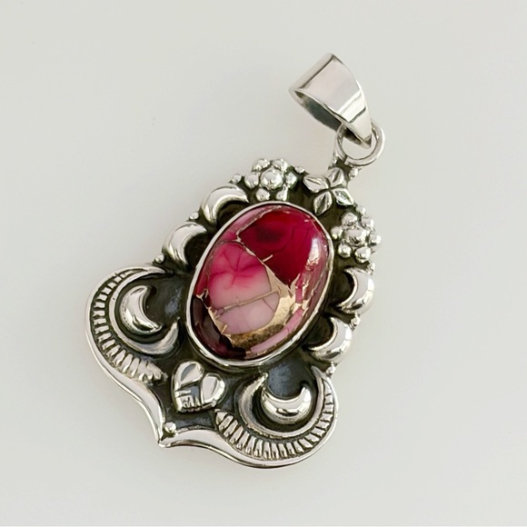 Pure Sterling Silver 925 Genuine Red Rose Dahlia Turquoise Pendant Navajo Style - Picture 5 of 11